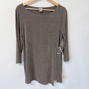 Chicos Tunic Top Size 1 (8/10) Taupe Brown Side Buckle Tie 3/4 Sleeves Slinky